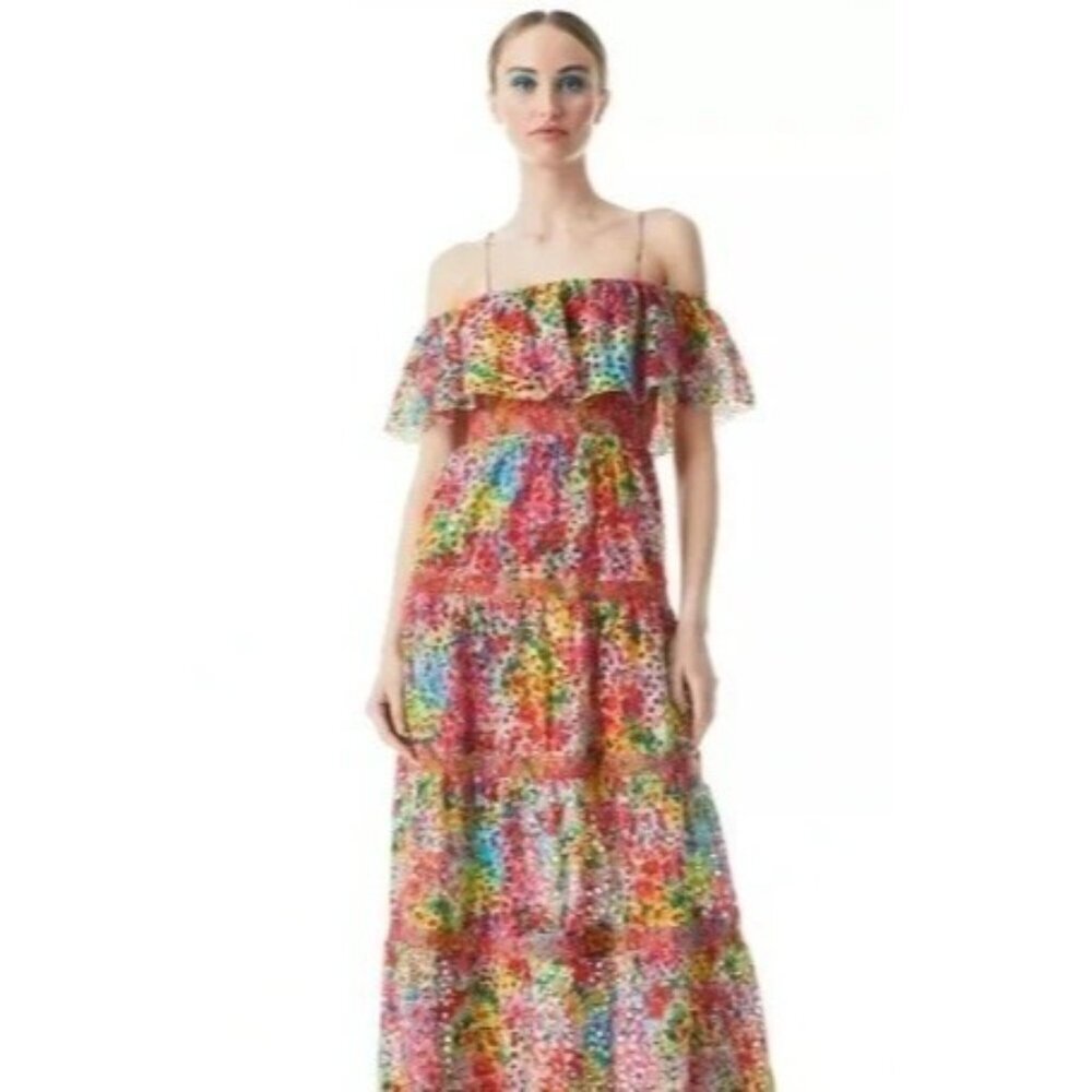 Alice & Olivia Cold-Shoulder Eyelet Midi Dress Size 0 Colorful Garden Floral